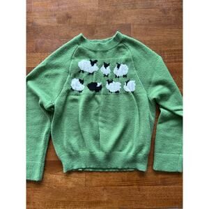 Whimsical Cottagecore Sheep Sweater – Pastel Green, Size Large (Runs Small)